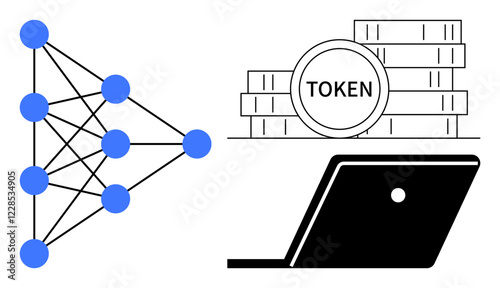 Network diagram with interconnected nodes, cryptocurrency tokens on stacked coins, black laptop. Ideal for blockchain systems, digital currency, decentralized finance, fintech, data networking