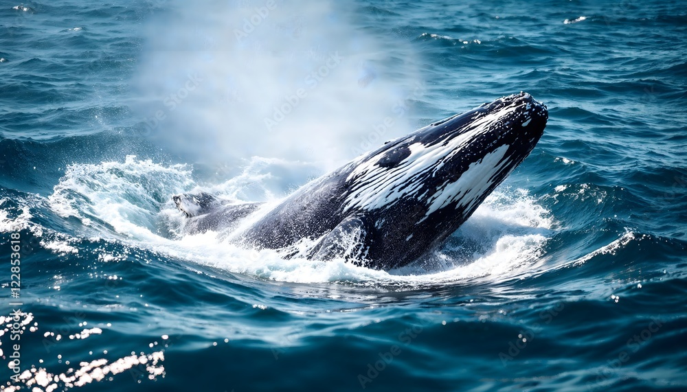 Fototapeta premium Humpback Whale Breaching Ocean Surface Stunning Wildlife Photo