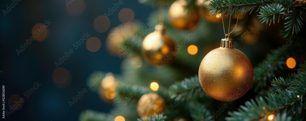Sparkling gold ornaments scatter across the bare Christmas tree branches, ornaments, bare Sparkling gold ornaments scatter across the bare Christmas tree branches, ornaments, bare