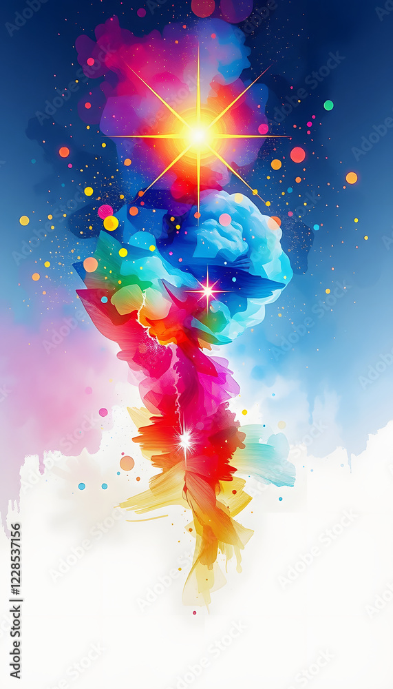 Obraz premium Abstract watercolor painting with a vibrant burst of colorful paint and glowing light, perfect for artistic backgrounds, design projects, and creative visuals