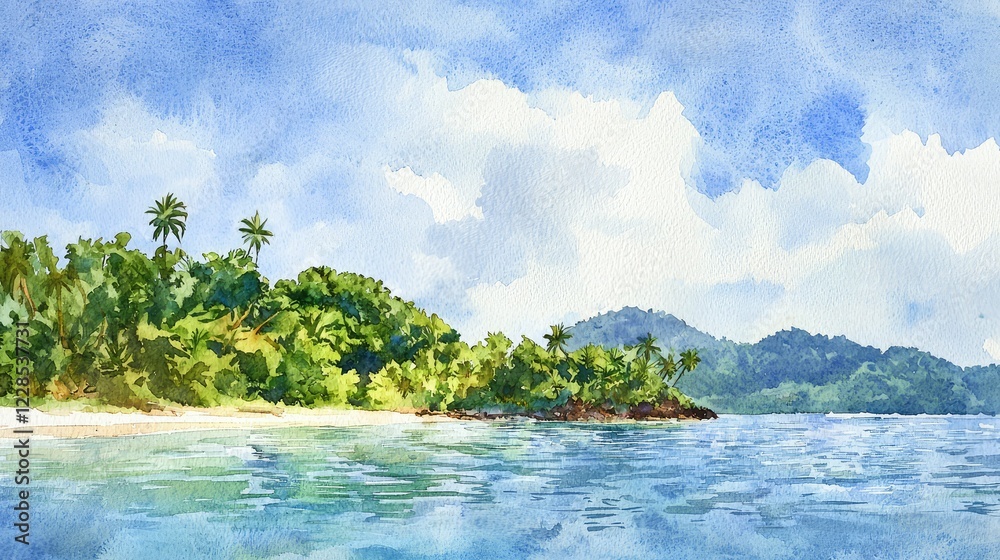 Fototapeta premium Serene Tropical Landscape with Lush Shores and Calm Waters