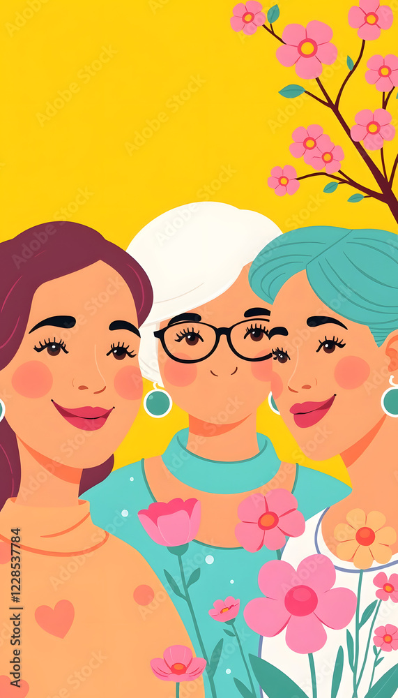 Vector illustration of three women in a spring setting with flowering tree branches on a yellow background, perfect for friendship, family, and spring themes Vector illustration of three women in a spring setting with flowering tree branches on a yellow background, perfect for friendship, family, and spring themes