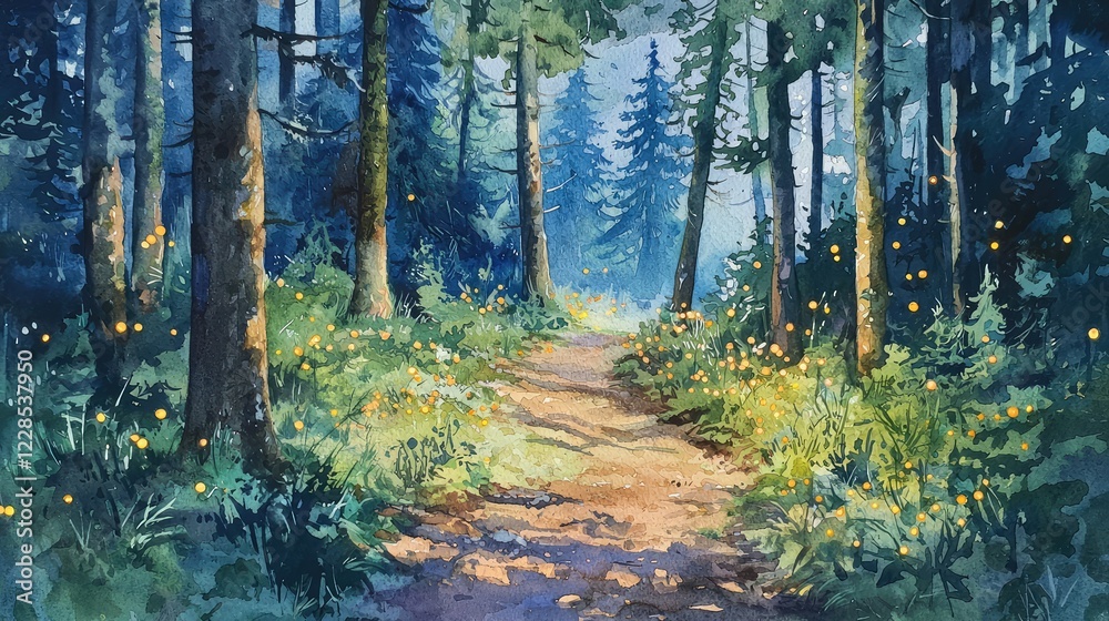 Obraz premium Tranquil Forest Pathway Surrounded by Lush Greenery and Light