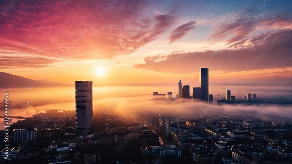 Misty city skyline at sunrise, with skyscrapers and a river. Misty city skyline at sunrise, with skyscrapers and a river.
