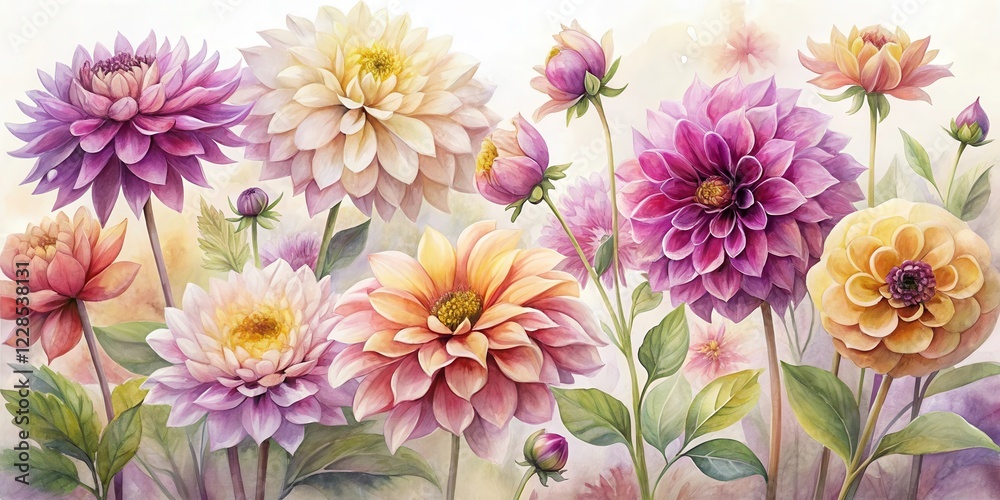 Obraz premium A Vibrant Bouquet of Dahlias in Soft Hues, Delicate Watercolor Painting of Blooming Flowers, Displaying a Range of Colors and Textures