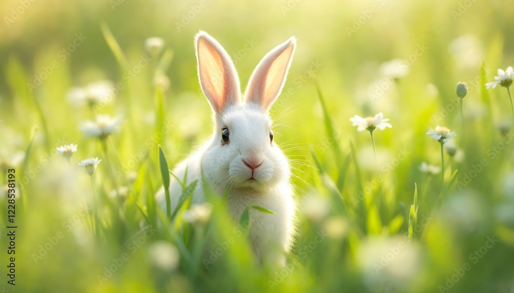 Fototapeta premium Adorable White Rabbit in Spring Meadow