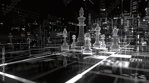 A high-tech, futuristic chessboard featuring wireframe chess pieces with a digital cityscape background, symbolizing artificial intelligence, strategy, and cyber warfare