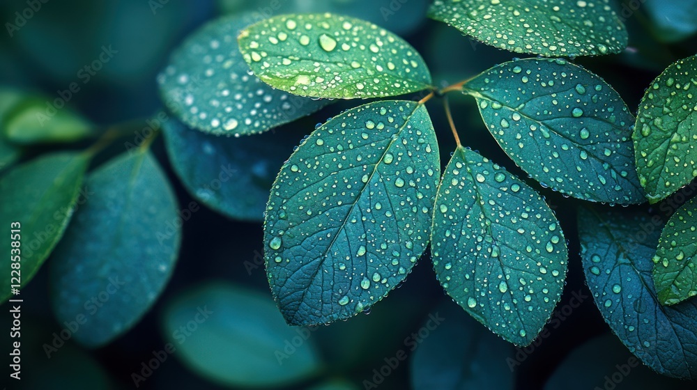 Fototapeta premium Teal Dewdrops on Lush Leaves