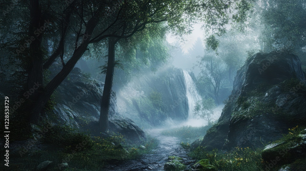 Misty forest waterfall path; serene nature scene Misty forest waterfall path; serene nature scene