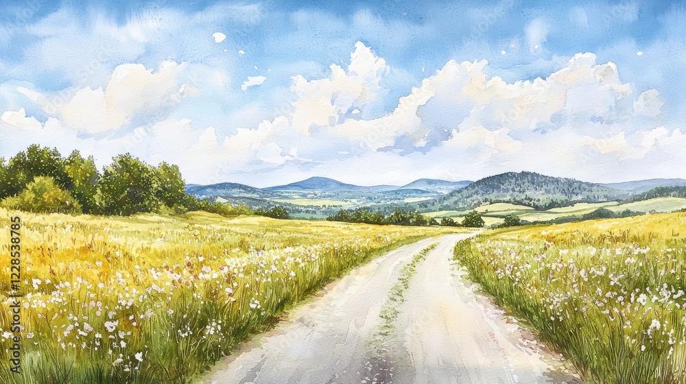 Naklejka premium Serene Landscape with a Winding Pathway through Golden Fields