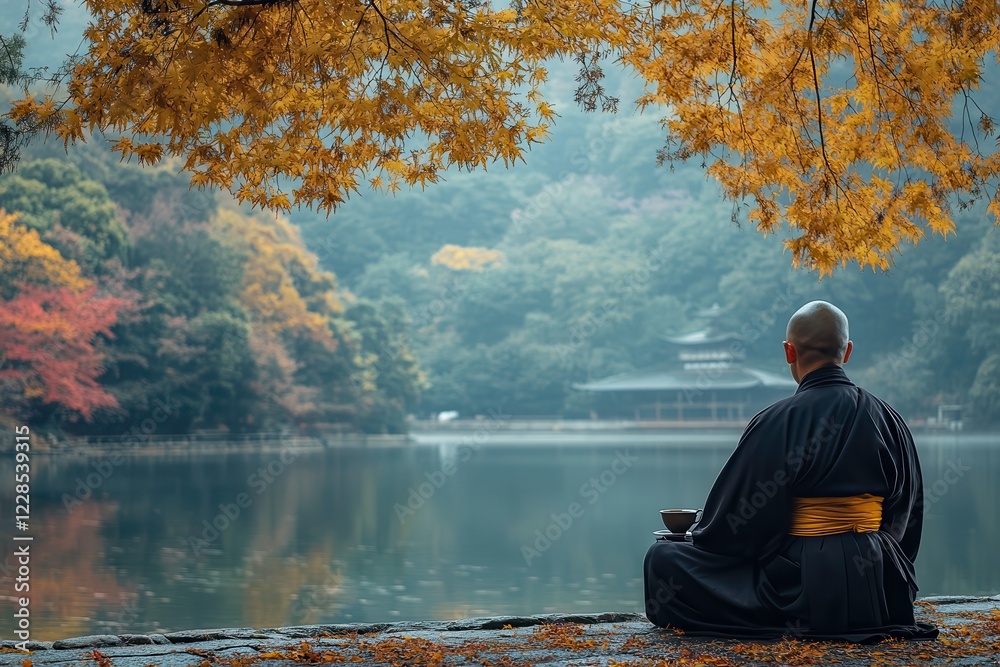 Zen Monk in Black and Gold Enjoys Tranquility Near Serene Lake Surrounded by Autumn Foliage. Generative AI Zen Monk in Black and Gold Enjoys Tranquility Near Serene Lake Surrounded by Autumn Foliage. Generative AI
