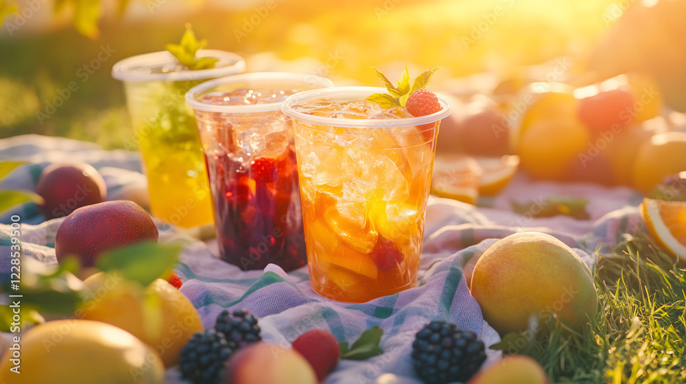 Colorful Drinks and Fresh Fruit Create a Vibrant Picnic Atmosphere in the Afternoon Sun. Generative AI Colorful Drinks and Fresh Fruit Create a Vibrant Picnic Atmosphere in the Afternoon Sun. Generative AI
