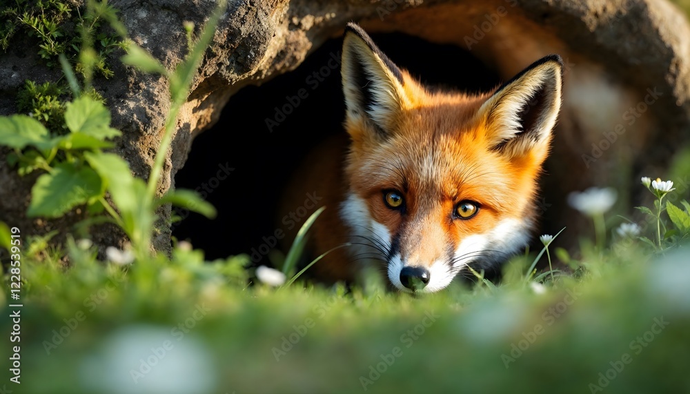 Fototapeta premium Red Fox Peeking From Burrow in Spring Meadow