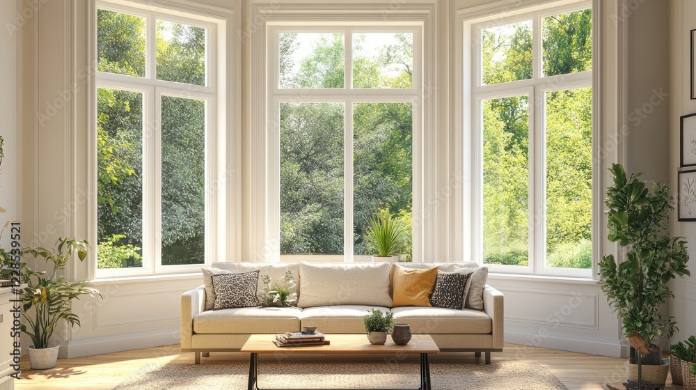 Fototapeta premium Sunny bay window living room, sofa, plants, summer. Home interior design