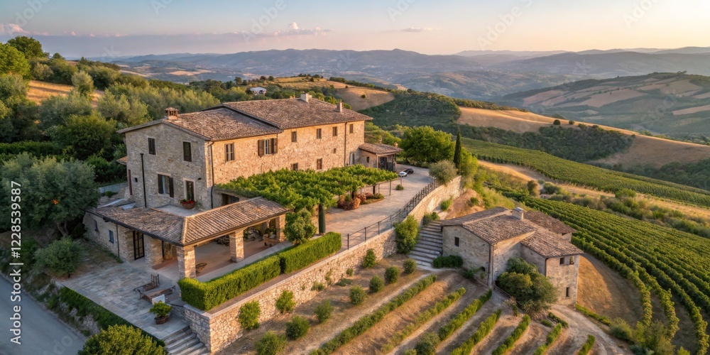 Fototapeta premium Scenic countryside villa surrounded by vineyards in Tuscany during golden hour