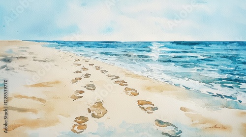 Tranquil Beach Scene with Footprints on Sandy Shoreline photo