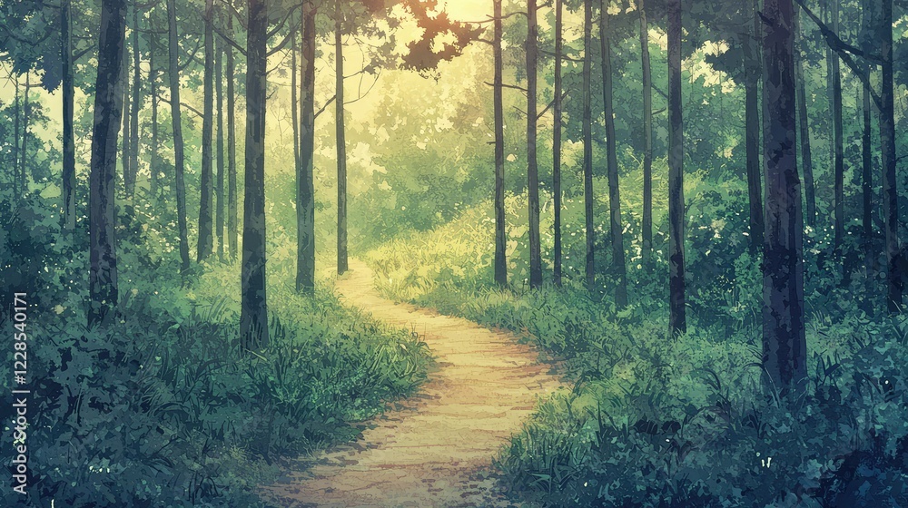 Fototapeta premium Serene Forest Pathway Surrounded by Lush Greenery and Trees