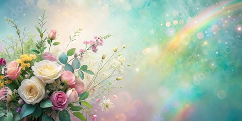A Delicate Bouquet of Pastel Roses and Delicate Wildflowers Against a Dreamy Background with a Rainbow