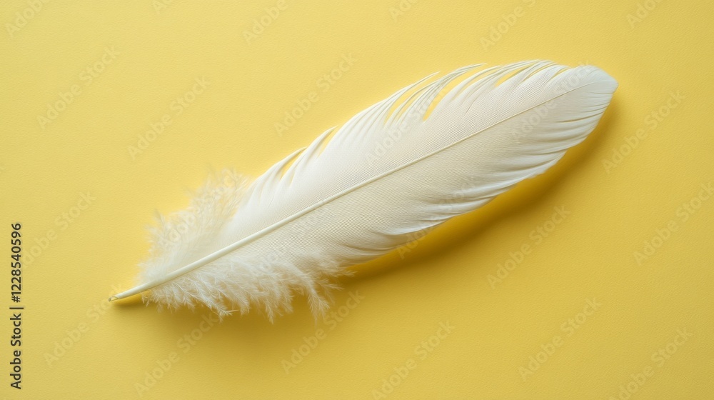 Obraz premium Single White Feather on Yellow Background