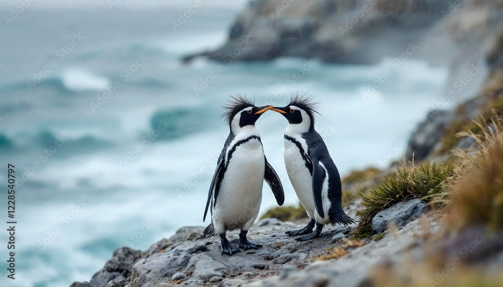 Obraz premium Macaroni Penguin Couple Kissing by Ocean Wildlife Photography