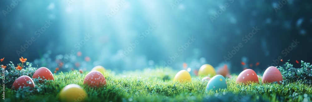 Colorful Easter eggs on green grass with a sunlit background Colorful Easter eggs on green grass with a sunlit background