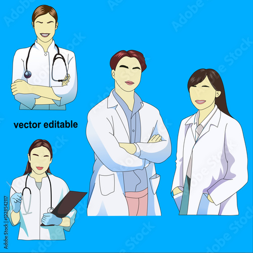 Illustration depicting a team of healthcare professionals wearing white coats, including a doctor and assistants, skillfully outlined in vector format and ready for customization. Ideal for medical