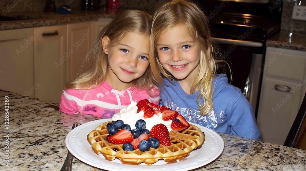 Adorable Twin Sisters Enjoying a Delicious Waffle with Berries and Whipped Cream in the Kitchen Adorable Twin Sisters Enjoying a Delicious Waffle with Berries and Whipped Cream in the Kitchen