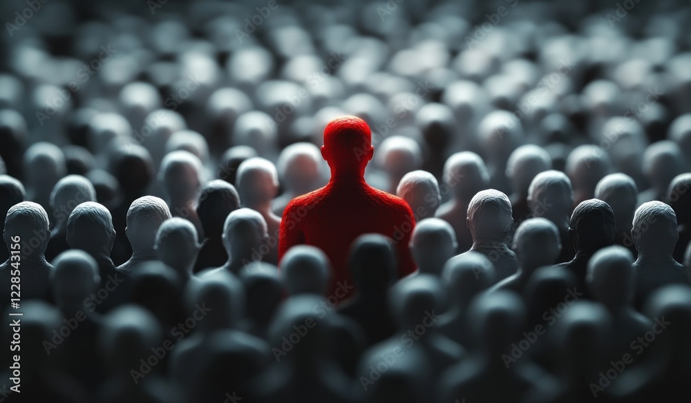 Obraz premium Standing Out from the Crowd Concept Individuality Leadership Success Distinction Red Figure White Silhouettes