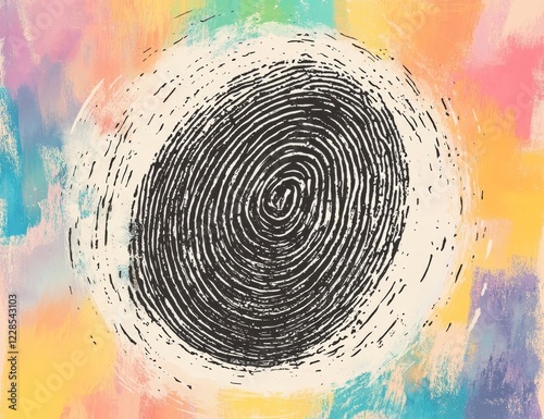 Colorful abstract art featuring a central fingerprint. photo