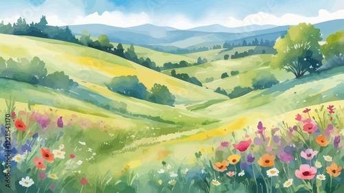 bright and cheerful watercolor scene of a blooming meadow in spring, with wildflowers and distant rolling hills