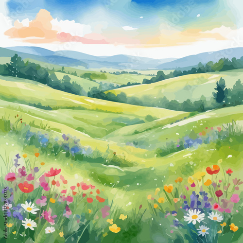 bright and cheerful watercolor scene of a blooming meadow in spring, with wildflowers and distant rolling hills