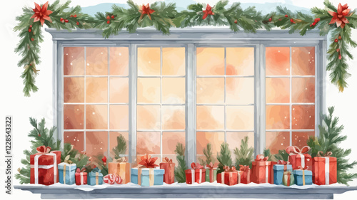 Christmas decorated window vector illustration in watercolor style.happy new year concept.