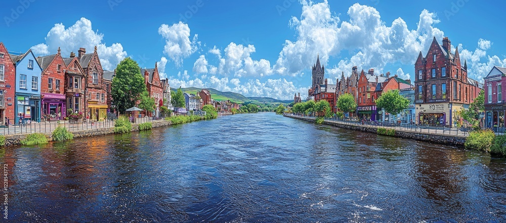 Fototapeta premium Riverfront town, summer day, scenic view, travel destination