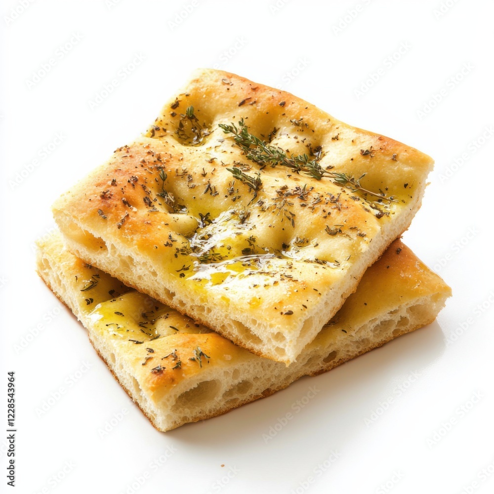 Freshly baked focaccia bread with olive oil and herbs, isolated white background, cubism art style Freshly baked focaccia bread with olive oil and herbs, isolated white background, cubism art style