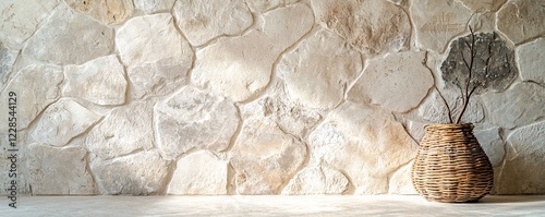 Rustic Stone Wall with Natural Decor and Simple Wooden Basket