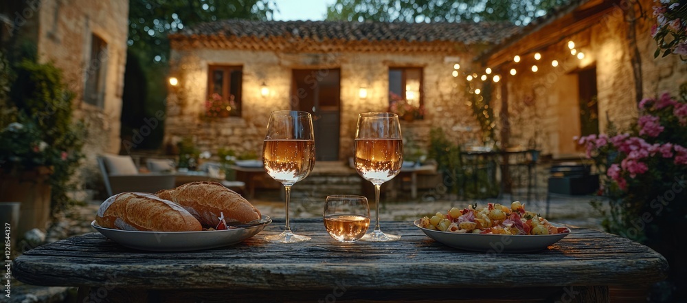 Romantic courtyard dinner,wine,pasta,croissants.Rustic house background.Lifestyle Romantic courtyard dinner,wine,pasta,croissants.Rustic house background.Lifestyle