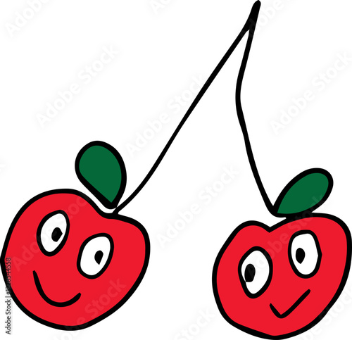 two red funny cherries from one branch hang and look at each other