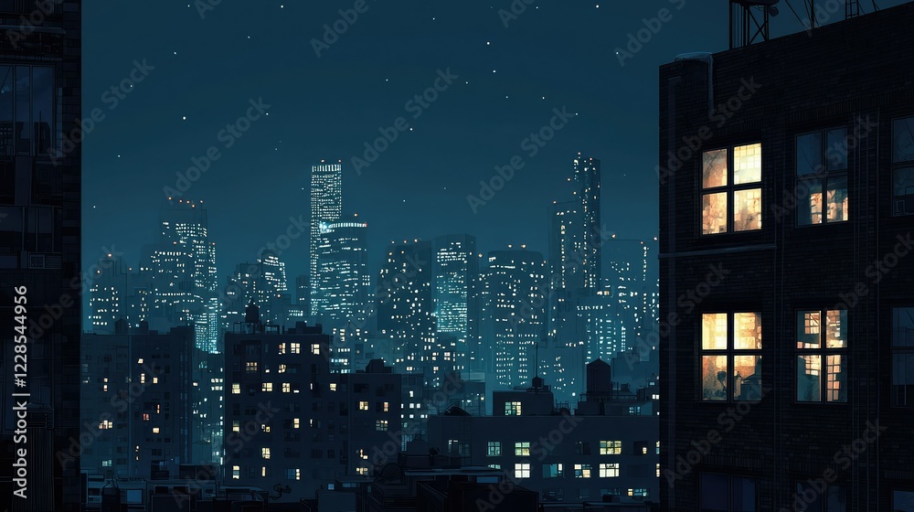 Nighttime City Skyline View from Apartment Window with Lights Nighttime City Skyline View from Apartment Window with Lights