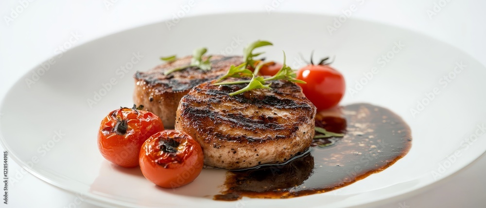 Indulge in the rich flavors of a perfectly cooked pork meat cutlet, served alongside ripe, juicy tomatoes on a pristine white plate, beautifully presented against a clean, white background Indulge in the rich flavors of a perfectly cooked pork meat cutlet, served alongside ripe, juicy tomatoes on a pristine white plate, beautifully presented against a clean, white background