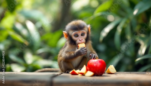 Adorable Baby Monkey Eating Apple in Lush Green Nature