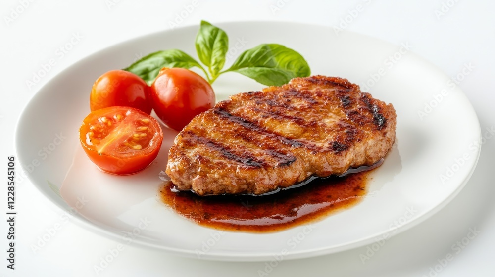 Indulge in the rich flavors of a perfectly cooked pork meat cutlet, served alongside ripe, juicy tomatoes on a pristine white plate, beautifully presented against a clean, white background Indulge in the rich flavors of a perfectly cooked pork meat cutlet, served alongside ripe, juicy tomatoes on a pristine white plate, beautifully presented against a clean, white background