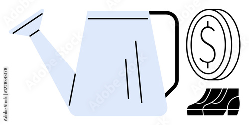 Watering can near dollar coin and ascending stairs indicating financial investment, growth, prosperity, gardening, nurturing investments. Ideal for finance, savings, business growth, investment