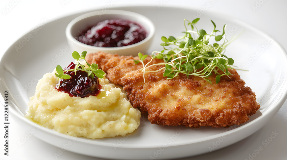Elegantly Arranged Wiener Schnitzel with Mashed Potatoes and Garnish Elegantly Arranged Wiener Schnitzel with Mashed Potatoes and Garnish