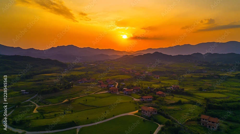 Fototapeta premium Golden Sunset over Rural Landscape with Mountains and Houses in Scenic Valley View