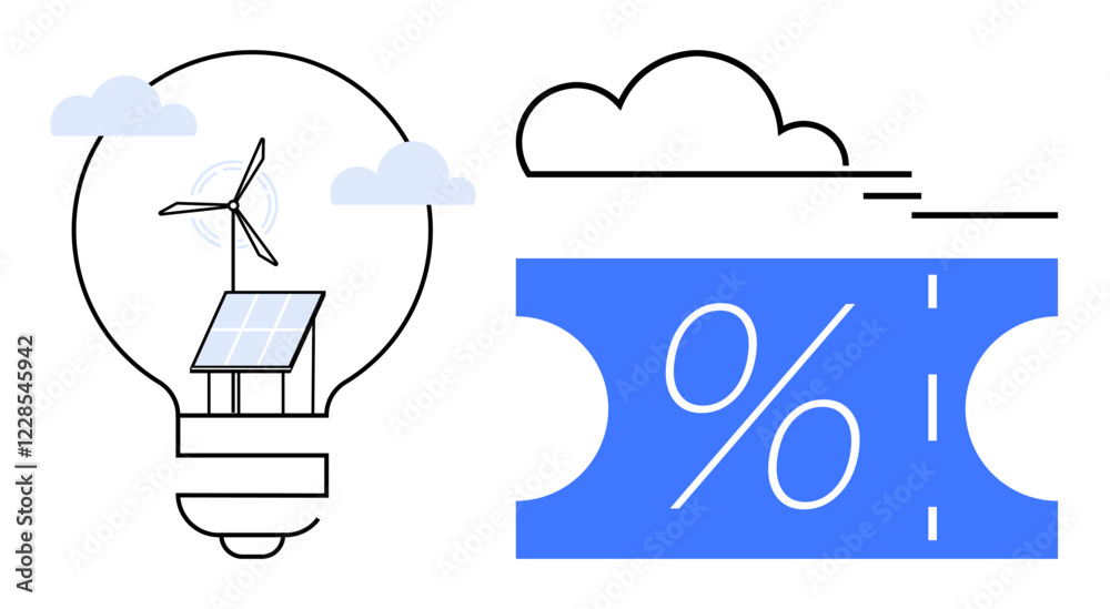 Light bulb containing wind turbine and solar panel, blue discount coupon with percentage sign, clouds. Ideal for renewable energy, discounts, eco-friendly, energy saving, sustainability, green Light bulb containing wind turbine and solar panel, blue discount coupon with percentage sign, clouds. Ideal for renewable energy, discounts, eco-friendly, energy saving, sustainability, green