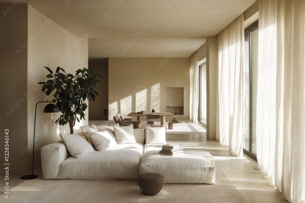 Fototapeta premium Modern bright living room with white furniture and large windows