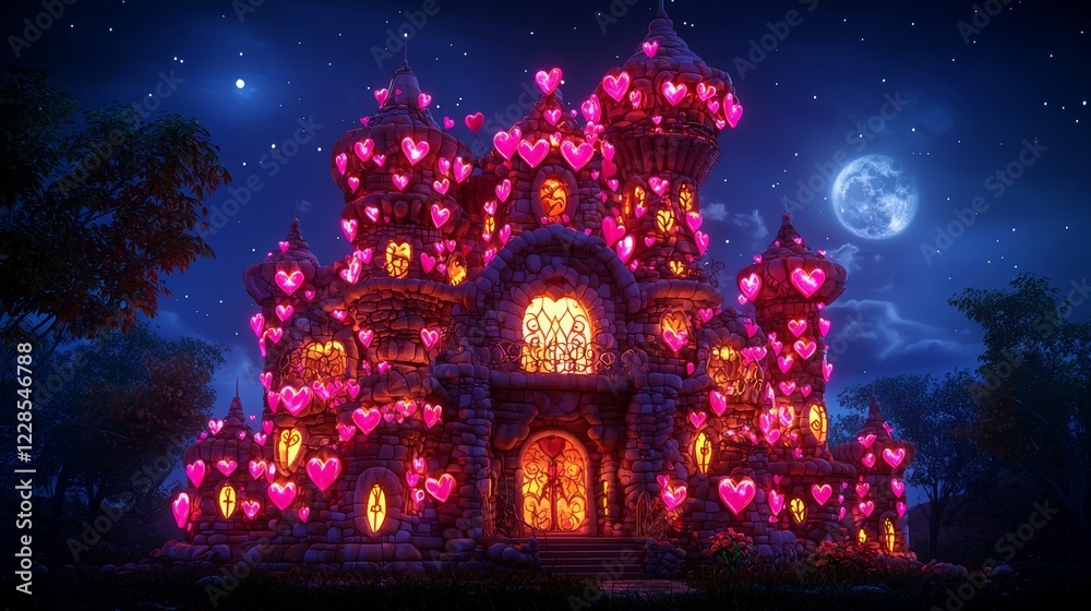 Enchanted Fairy Tale Castle with Glowing Hearts and Moonlight Enchanted Fairy Tale Castle with Glowing Hearts and Moonlight