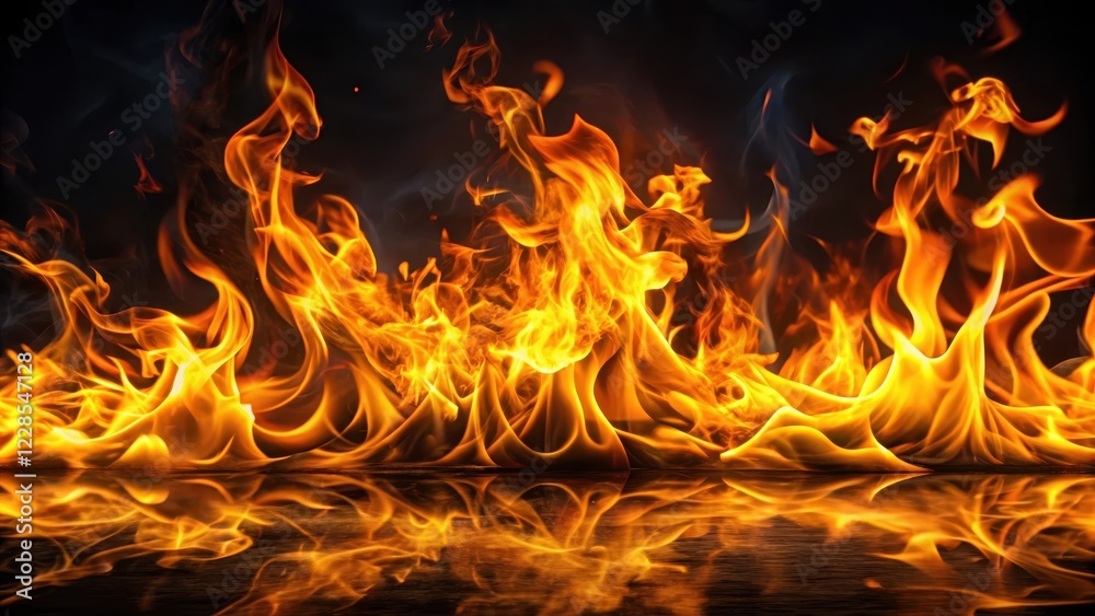 Fototapeta premium Fiery Inferno A Dramatic Reflection of Intense Burning Flames on a Dark Surface