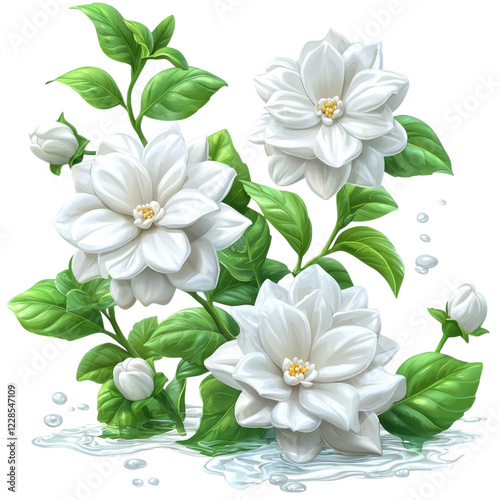 A vibrant illustration of white flowers with green leaves, showcasing natural beauty.