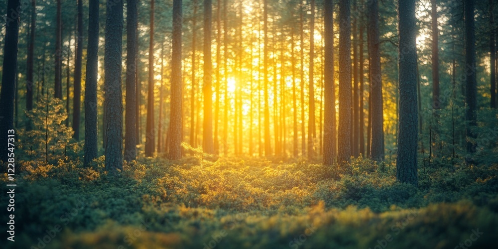 Sunlight streaming through a dense green forest Sunlight streaming through a dense green forest